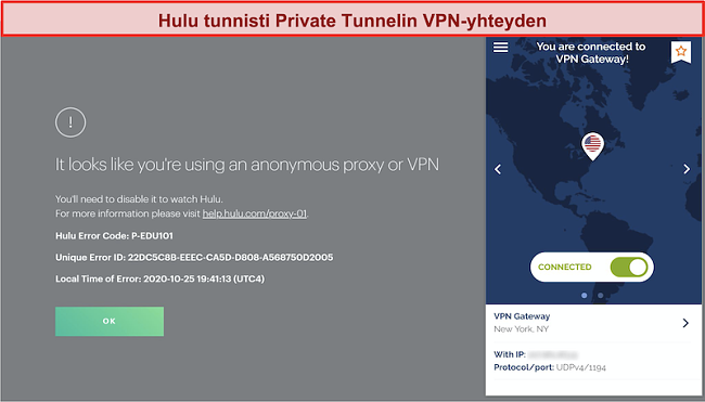 Näyttökuva Hulusta estäen yksityisen tunnelin VPN-yhteyden