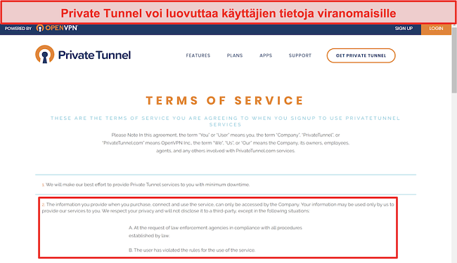 Näyttökuva Private Tunnelin käyttöehdoista