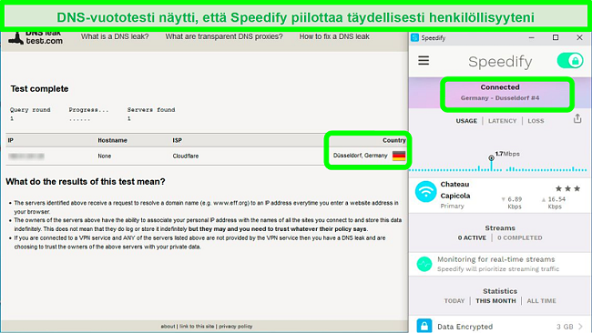 Näyttökuva DNS-vuototestistä, kun Speedify on kytketty saksalaiseen palvelimeen