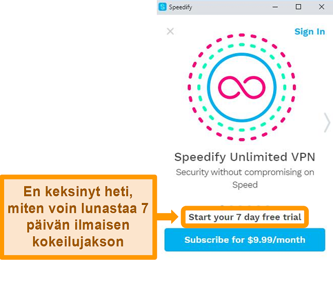 Näyttökuva Speedifyn käynnistysnäytöstä