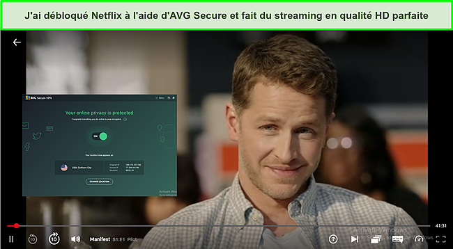 Capture d'écran montrant AVG Secure VPN débloquer Netflix et m'a permis de manifester.