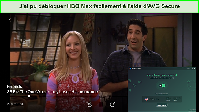 Capture d'écran montrant le VPN AVG Secure débloqué HBO Max de manière transparente.