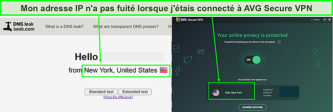 Capture d'écran montrant qu'AVG Secure VPN n'a pas divulgué ma véritable IP lors de mes tests.