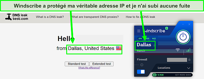 Capture d'écran montrant les résultats du test de fuite DNS réussis lors de la connexion avec WINdscribe.