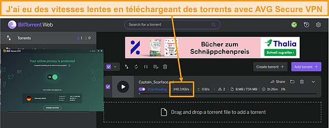 Capture d'écran montrant le VPN AVG Secure produisant des vitesses lentes lors du torrent avec le serveur P2P en Allemagne.