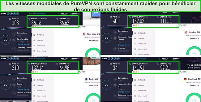 Capture d'écran des résultats du test de vitesse Ookla avec PureVPN connecté à des serveurs aux États-Unis, au Royaume-Uni, en Australie et en Allemagne.