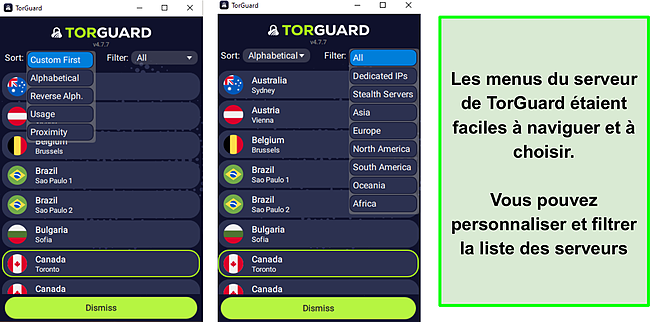 Capture d'écran des menus et options du serveur TorGuard.