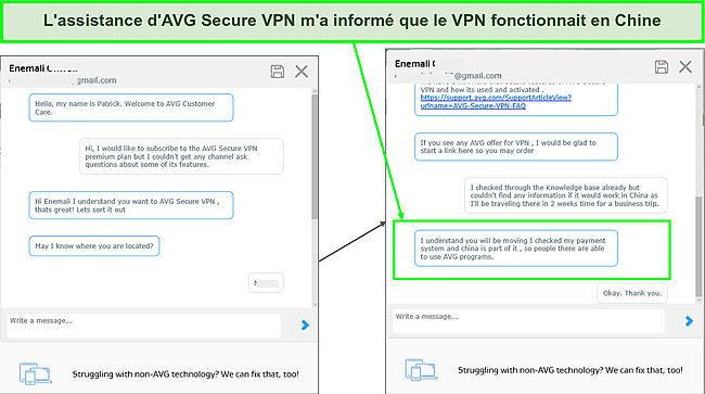 Capture d'écran montrant l'agent de support AVG Secure VPN m'informant que son VPN fonctionne en Chine.