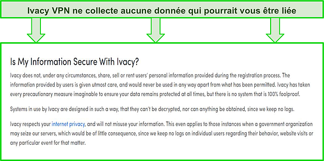 Capture d'écran de l'extrait de la politique de non-journalisation d'Ivacy VPN.