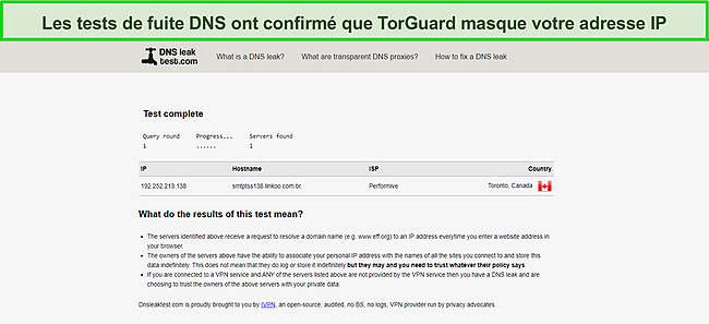 Capture d'écran d'un test de fuite DNS réussi avec TorGuard.