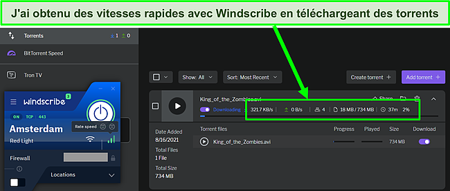 Capture d'écran des vitesses rapides lors du torrent avec Windscribe.