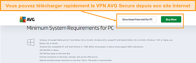Capture d'écran de la page de téléchargement d'AVG Secure PC.