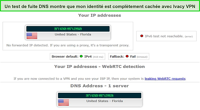 Capture d'écran des résultats des tests de fuite lors de l'utilisation d'Ivacy VPN.