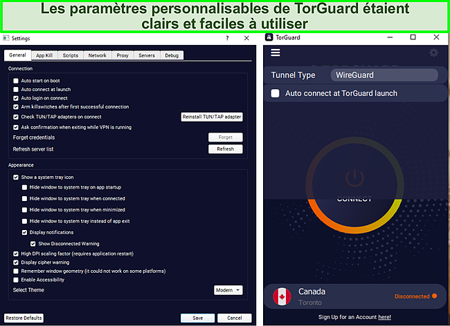 Capture d'écran du menu des paramètres de TorGuard.