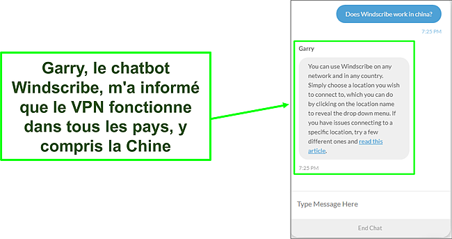 Capture d'écran du chat avec l'assistance montrant que WINdscribe fonctionne en Chine.