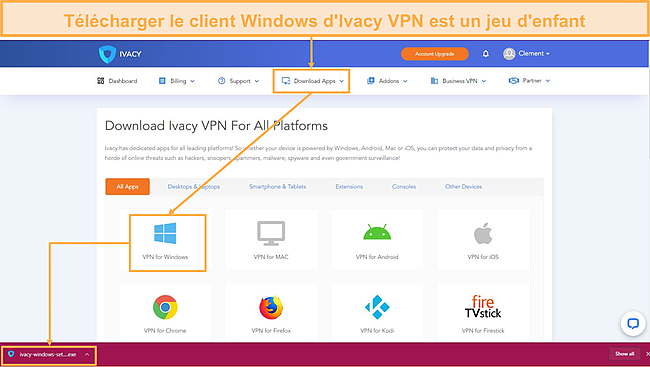 Capture d'écran montrant le bouton de téléchargement sur le site Web Ivacy VPN.