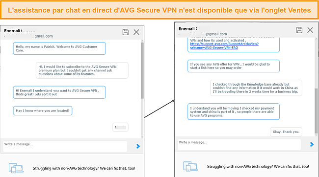 Capture d'écran de l'assistance par chat en direct d'AVG Secure.