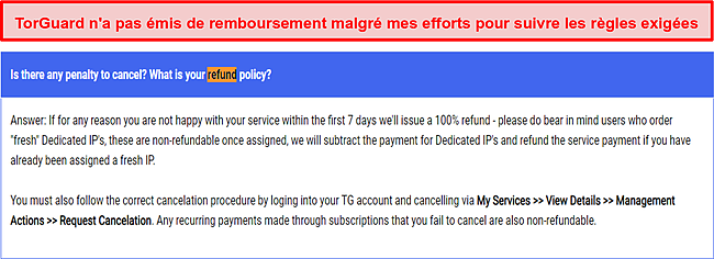 Capture d'écran de la politique de TorGuard sur les remboursements.