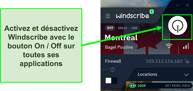 Capture d'écran montrant comment activer le VPN Windscribe.