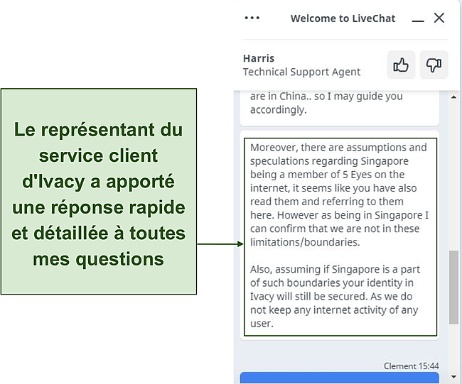 Capture d'écran de ma conversation avec le représentant du support Ivacy VPN.