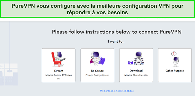 Capture d'écran des options d'installation personnalisée de PureVPN pour différentes utilisations VPN.