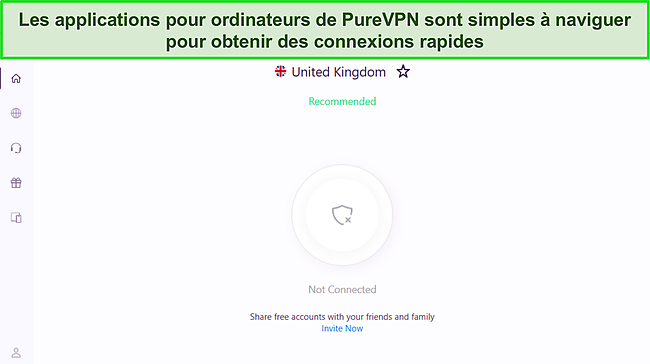 Capture d'écran de l'application Windows de PureVPN montrant son interface propre et simple.