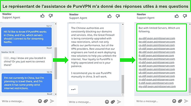 Capture d'écran du chat en direct PureVPN répondant aux questions sur la connexion manuelle aux serveurs depuis la Chine.