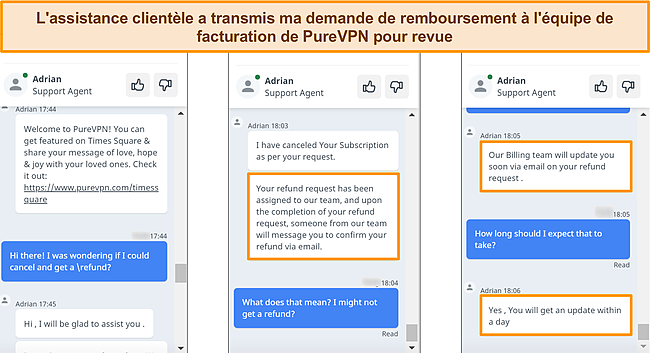 Capture d'écran du service client de PureVPN répondant à une demande de remboursement et transmettant la demande à l'équipe de facturation.