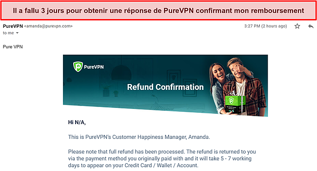 Capture d'écran de la réponse par e-mail de l'équipe de facturation de PureVPN confirmant une demande de remboursement.