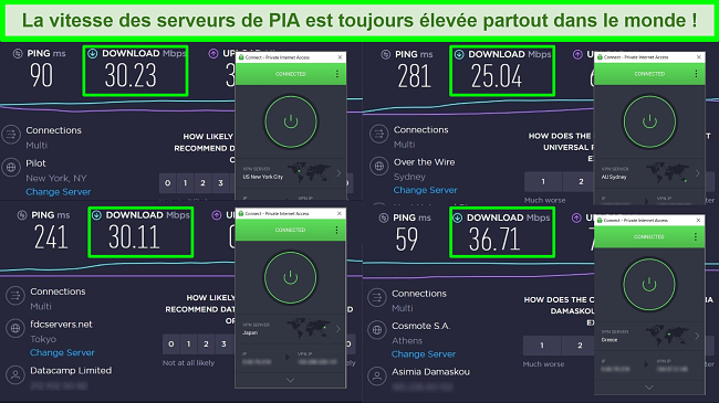 Captures d'écran des tests de vitesse Ookla avec PIA connecté à différents serveurs mondiaux.