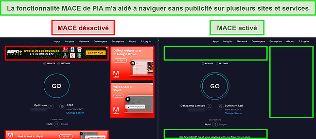Captures d'écran des sites Web Ookla avec la fonction MACE de PIA activée et désactivée, mettant en évidence la différence dans le nombre d'annonces vues sur chaque page.