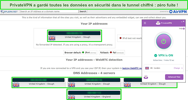 Capture d'écran des résultats du test de fuite IPLeak.net ne montrant aucune fuite de données, avec PrivateVPN connecté à un serveur britannique.