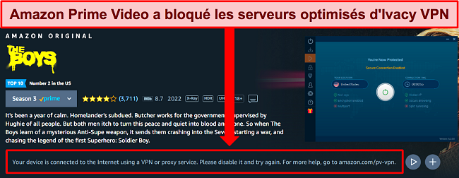 Capture d'écran d'Amazon Prime Video montrant qu'Amazon pouvait détecter une connexion VPN lors de l'utilisation d'Ivacy VPN.