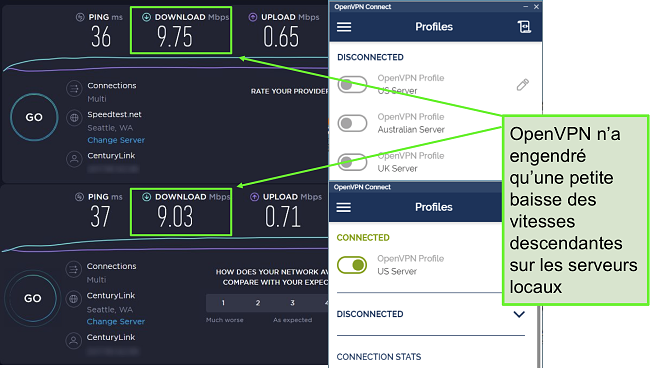 Capture d'écran de deux speedtests avec des données très similaires, tous deux utilisant un serveur de Seattle.