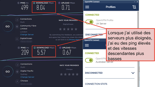 capture d'écran de deux speedtests, un avec un serveur de Londres, un autre avec un serveur de Sydney