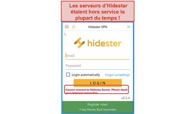 Capture d'écran de Hidester incapable de se connecter