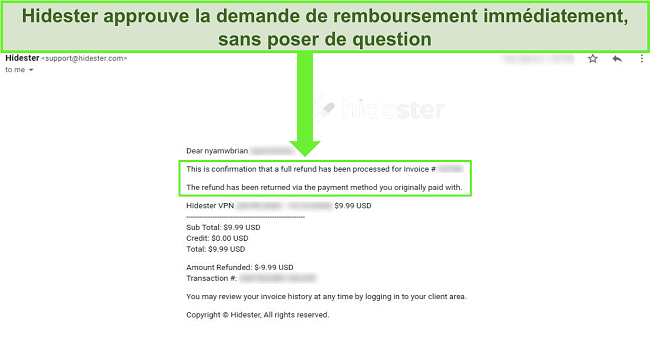 Capture d'écran de l'assistance Hidester approuvant le remboursement