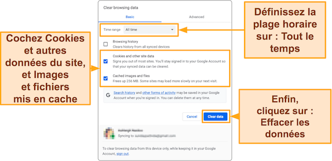 Un guide de capture d'écran informatif montrant des instructions étape par étape sur la façon de vider le cache dans Google Chrome