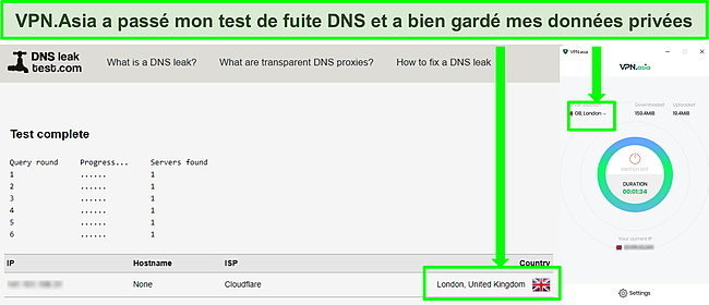 Capture d'écran d'un test de fuite DNS réussi alors que VPN.Asia est connecté à un serveur au Royaume-Uni.