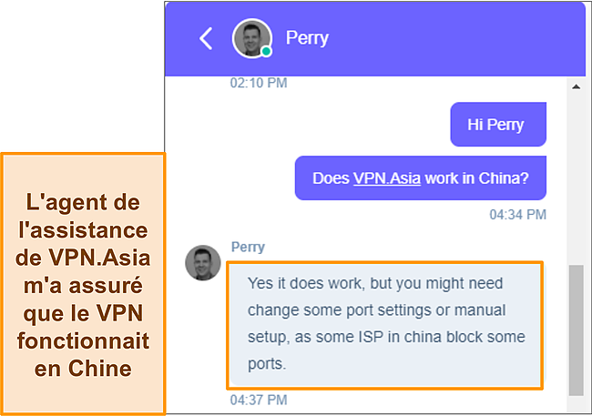 Capture d'écran de l'agent de chat en direct de VPN.Asia confirmant que VPN.Asia fonctionne en Chine.