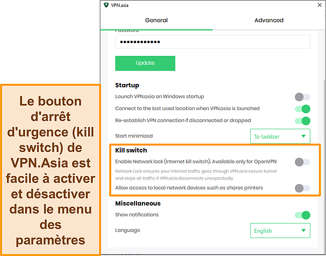 Capture d'écran des paramètres du kill switch de VPN.Asia.