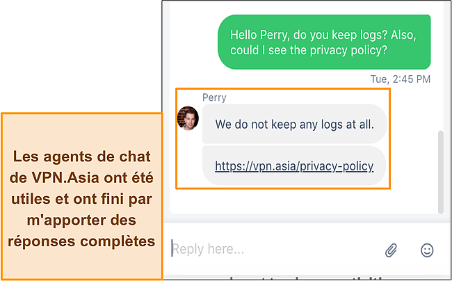 Capture d'écran d'un échange avec le support de chat VPN.Asia 24/7.