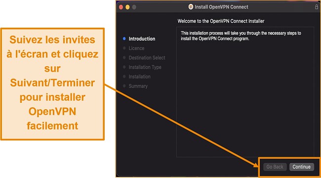 Capture d'écran illustrant le processus d'installation du fichier d'installation OpenVPN