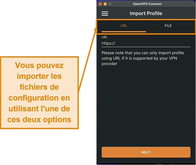 Capture d'écran montrant comment importer manuellement le fichier de configuration