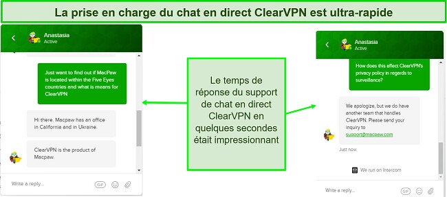 Capture d'écran du temps de réponse rapide du chat en direct ClearVPN