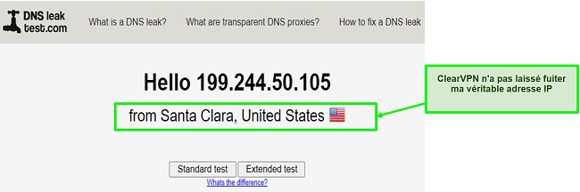 Capture d'écran de ClearVPN ne montrant aucune fuite DNS