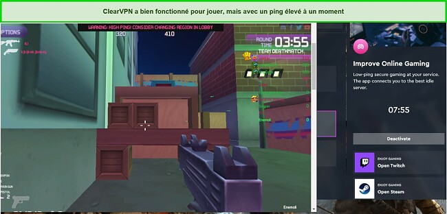 Capture d'écran de ClearVPN jouant au jeu Killstreak avec le serveur de jeu personnalisé