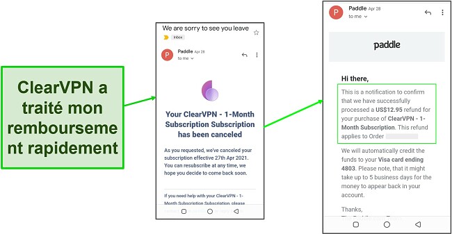 Une capture d'écran de la confirmation de remboursement ClearVPN