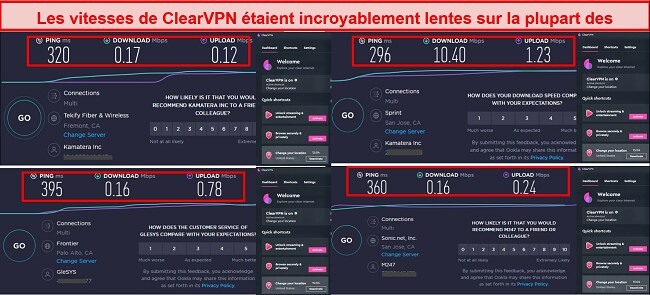 Capture d'écran des tests de vitesse de ClearVPN dans 4 emplacements de serveurs, dont le Royaume-Uni, les États-Unis, le Canada et l'Australie