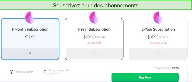 Capture d'écran des plans d'abonnement ClearVPN